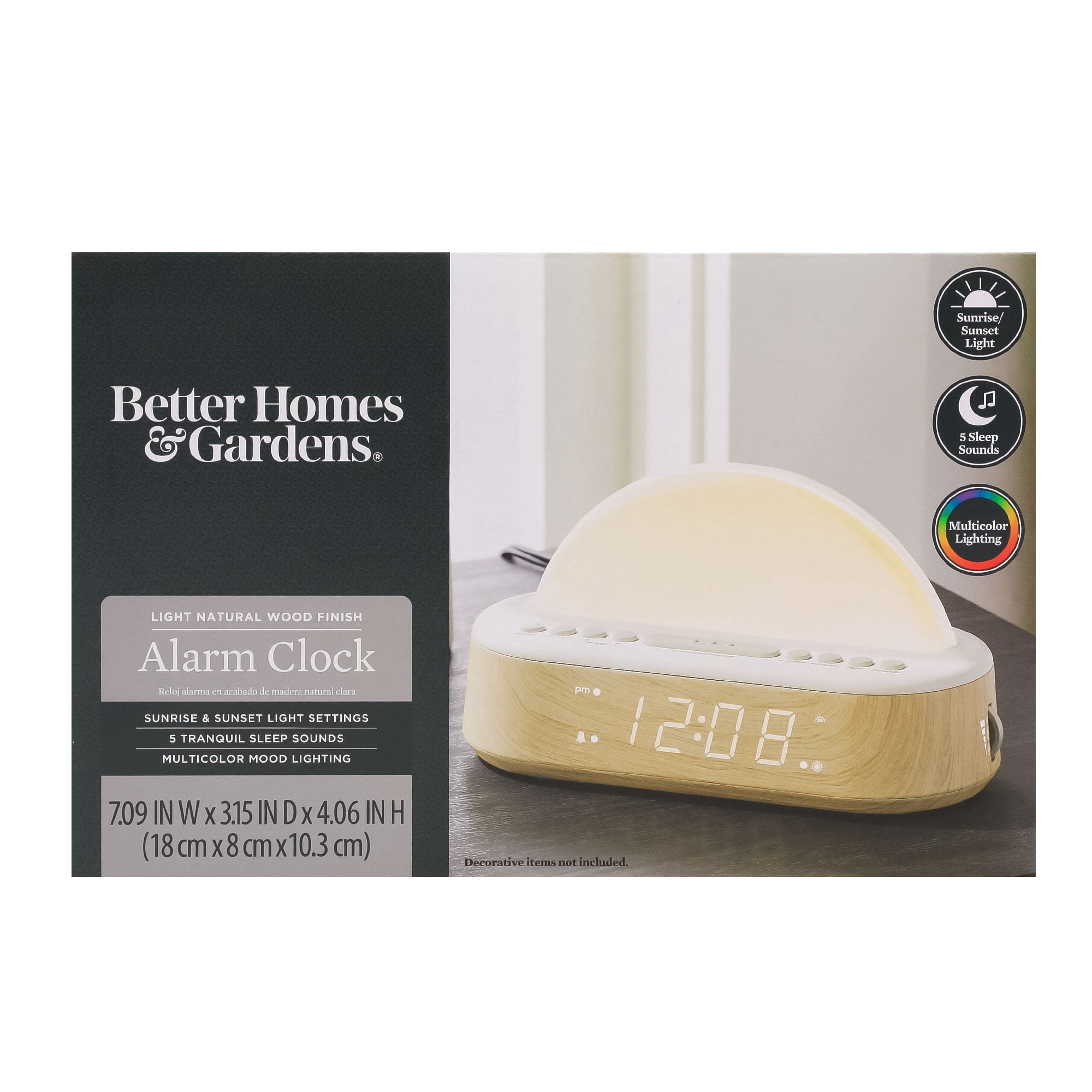 Better Homes & Gardens Sunrise Digital Alarm Clock with Tranquil Sleep Sounds and Multicolor Light