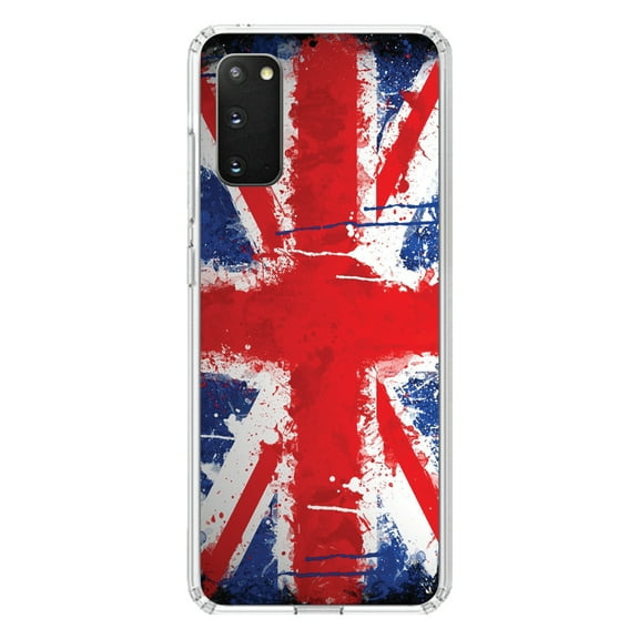 DistinctInk Clear Shockproof Hybrid Case for Galaxy S20 PLUS / 5G (6.7" Screen) - TPU Bumper, Acrylic Back, Tempered Glass Screen Protector - Red White Blue British Flag Graffiti - the UK