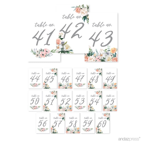 Peach Coral Floral Garden Party, Table Numbers 41 - 60 on Perforated Paper, Single-Sided, 4 x 6-inch, 1 Set
