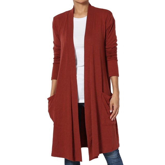 TheMoogan Women's Casual Long Sleeve Pocket Open Front Jersey Knit Knee Length Cardigan