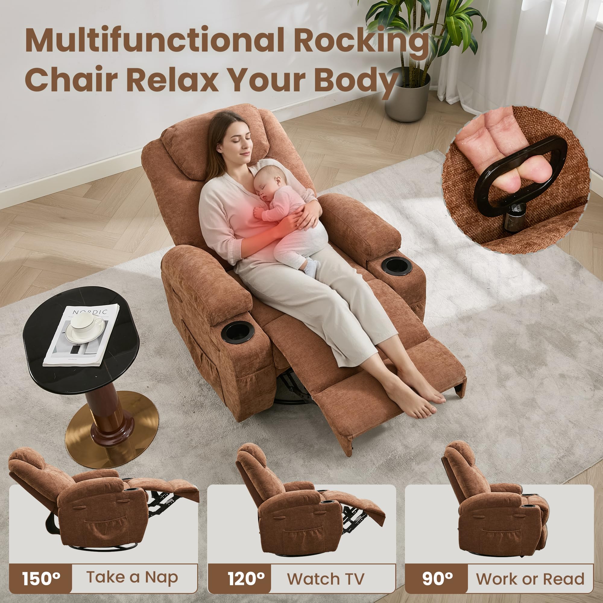 Recliner Chair, 360 Swivel Rocker Recliner Chair for Adults with Massage and Heat, Electric Glider Rocking Chairs for Living Room, Nursery