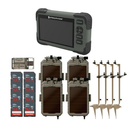 Stealth Cam Adjustable Multi-Pivot Mounting Post (4-Pack) Bundle with Solar Power Panel (4-Pack) SD Card Reader-Viewer (4-Pack) 32GB Memory Card (8-Pack) and 4-In-1 USB Card Reader (21 Items)