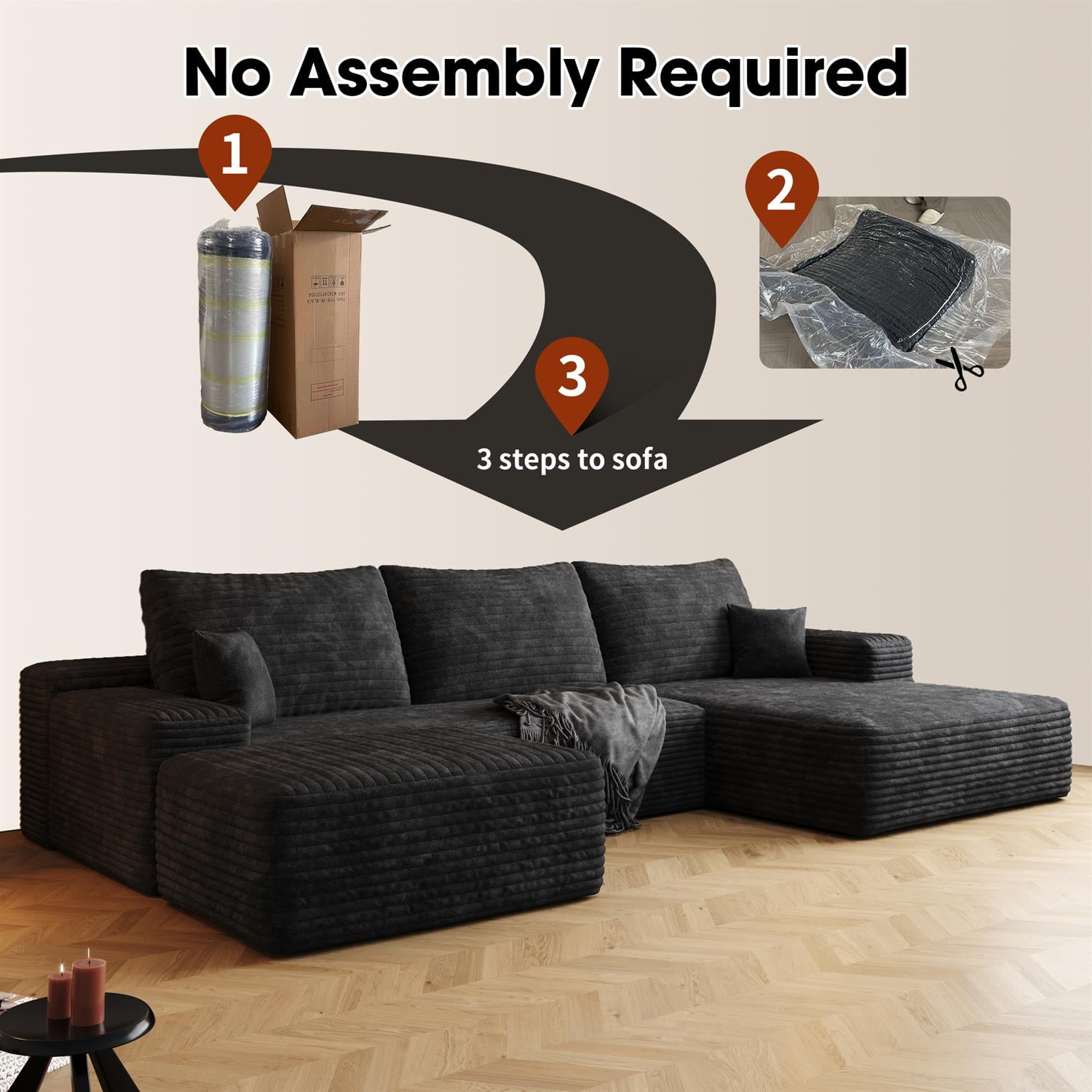 Demi Bonn 107" U-Shaped Sectional Sofa with Ottoman, Modern Plush Corduroy Fabric Deep Seat Upholstered Couch Living Room Comfort, No Assembly, Black