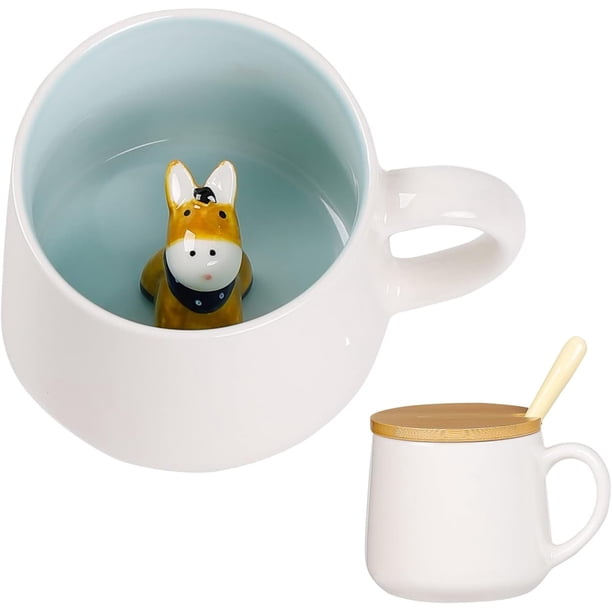 Taza de café de cerámica con forma de burro de BigNoseDeer, divertida taza con animal 3D en el interior, taza de té kawaii con cuchara y tapa, artículos geniales, regalos de Navidad, cumpleaños, día