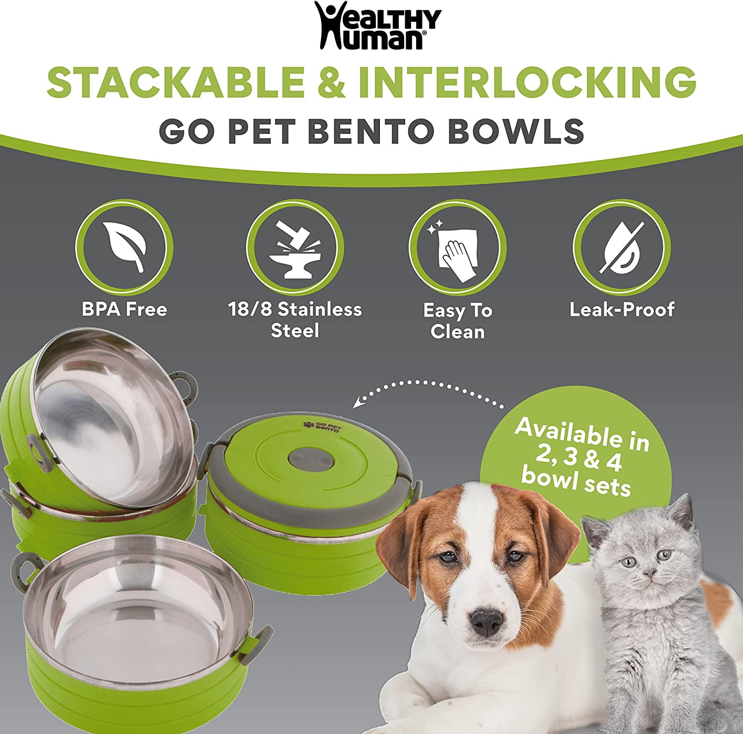 Healthy Human Travel Dog Bowls | Stainless Steel Go Pet Bento Bowl | Stackable Cat & Dog Food Bowls | Leak Proof | Set of 3 Interlocking Bowls, 2 Spare Clips, 1 Spare Handle (Green)