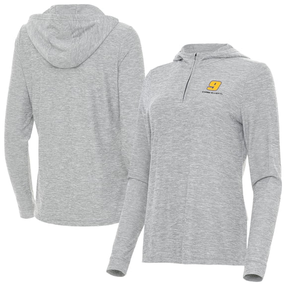 Women's-Antigua Heather Gray Chase Elliott Daybreak Quarter-Zip Pullover Hoodie