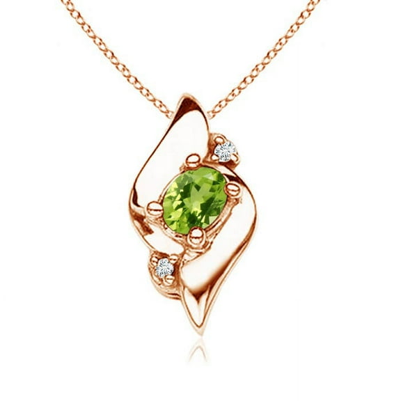 ANGARA Natural Shell Style Oval Peridot and Diamond Pendant in 14K Rose Gold for Women (Size-4x3mm) | August Birthstone, Birthday, Anniversary, Jewelry Gift for Women | Natural Peridot Necklace