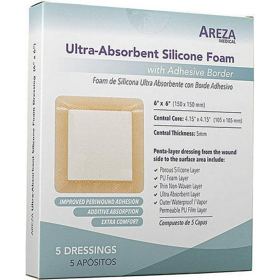 Areza Medical Silicone Foam Dressing with Border (Adhesive) 6" X 6" (15 Cm X 15 Cm) 5 Sterile Dressings Per Box
