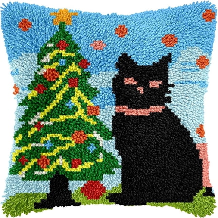 Christmas Cat Latch Hook Pillow Kits for DIY Throw Pillow Cushion Embroidery Latch Hooking Pillowcase Kits with Preprinted Canvas Crochet Yarn Kits for Home Decor 17''X 17''(d8)