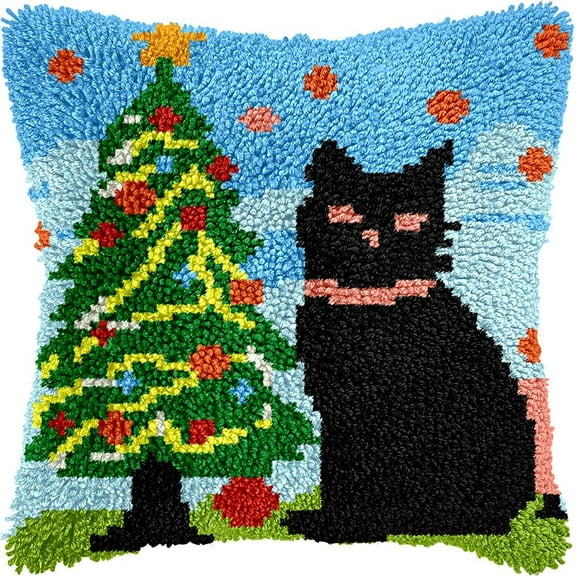 Christmas Cat Latch Hook Pillow Kits for DIY Throw Pillow Cushion Embroidery Latch Hooking Pillowcase Kits with Preprinted Canvas Crochet Yarn Kits for Home Decor 17''X 17''(d8)