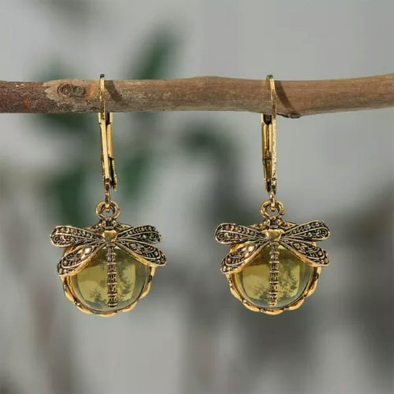 K-KED Women Delicate Jewelry Vintage Earrings Dragonfly Drop Earrings Moonstone Delicate Jewelry Antique-Champagne