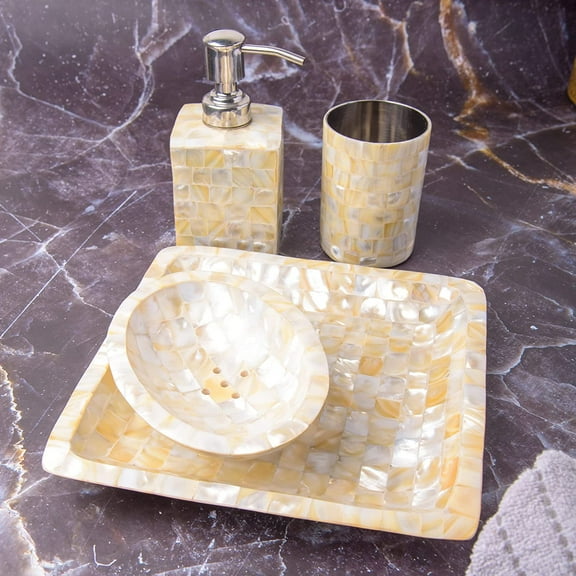 India Meets India Sea Shell Bathroom Accessories Set Soap Dish, Liquid Dispenser, Toothbrush Holder Set, Tray Handicraft by Awarded Artisan (Cream Color)