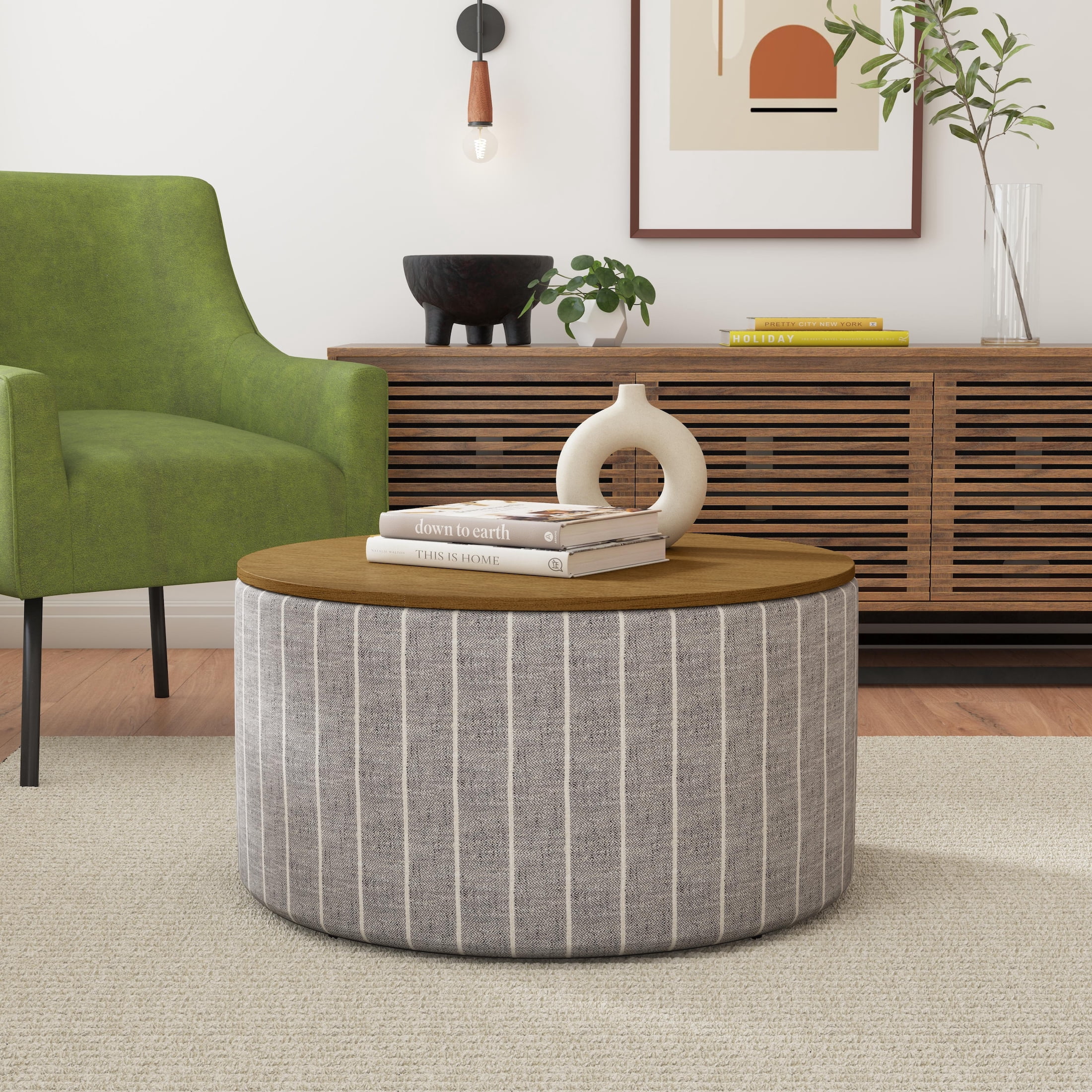 HomePop Large Modern Round Storage Ottoman with Wood Lift-Top Lid, Gray Pinstripe/Honey Oak