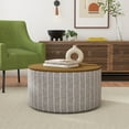 thumbnail image 3 of HomePop Large Modern Round Storage Ottoman with Wood Lift-Top Lid, Gray Pinstripe/Honey Oak, 3 of 9
