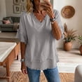 thumbnail image 2 of Nestiefly Gauze Shirts for Women Raw Hem Summer Linen V Neck Short Sleeve Shirts Lightweight Tunic Tops Vacation Beach T Shirt Purple 3XL, 2 of 7
