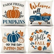 CDWERD Fall Pillow Covers 18x18 Inch Set of 4 Autumn Decorations Throw Pillow Covers Blue Truck and Orange Glitter Sparkle Pumpkin Cotton Linen Cushion case for Sofa and Home Decor