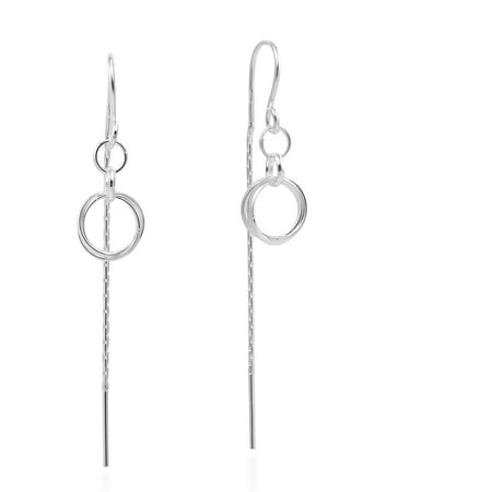 925 Sterling Silver Ear Threads - Chic Double Circle Loop Link Ear Thread Slide .925 Sterling Silver Dangle Earrings