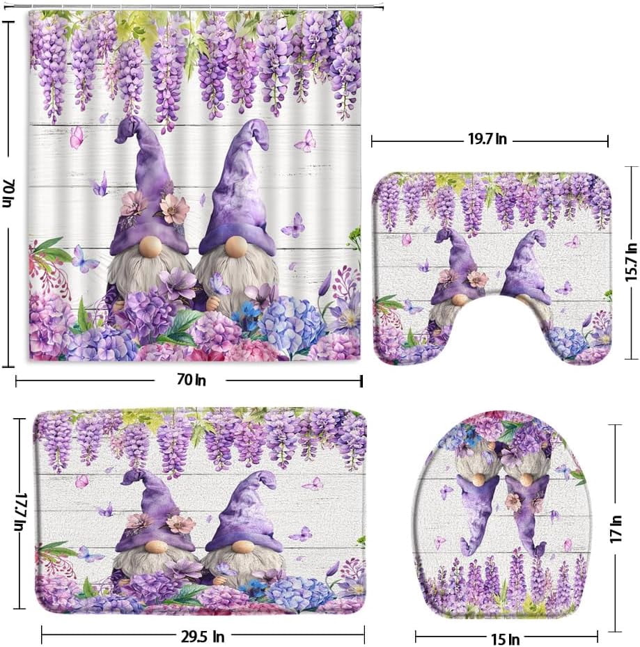 4 Pcs Shower Curtain Set for Bathroom Lavender Gnome Watercolor Purple Floral Butterfly Rustic Wooden Board Spring Nature Plant Fabric Shower Curtains Toilet Lid Cover and Bath Mat Bathroom Decor