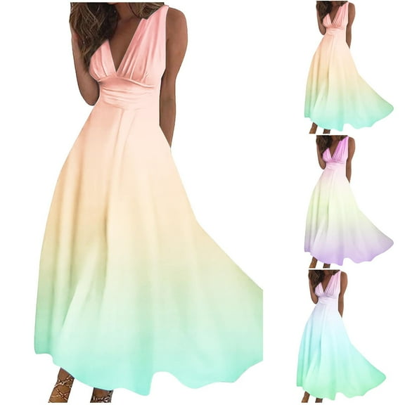 Elainilye Fashion Womens Dresses Spring Summer Printed Casual V-neck Sleeveless Long Skirt Flowy Dress,Pink