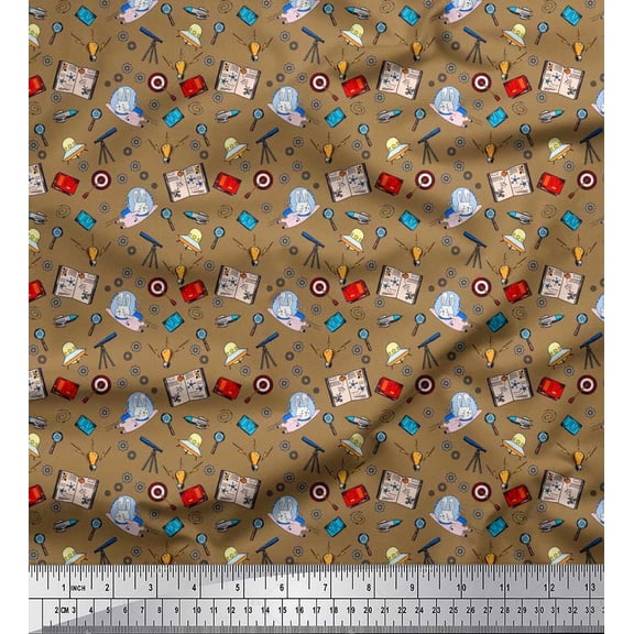 Soimoi Japan Crepe Satin Fabric Book,Magnifier & Telescope Education Theme Fabric Prints by Yard 42 Inch Wide
