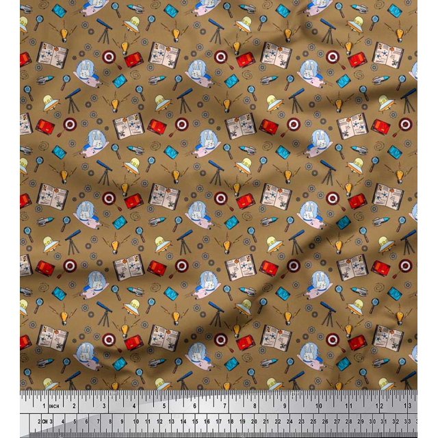 Soimoi Poly Georgette Fabric Book,Magnifier & Telescope Education Theme Print Fabric by The Yard 42 Inch Wide