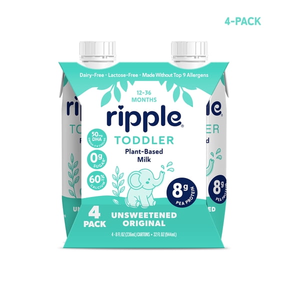 Ripple Plant-Based Toddler Milk, Unsweetened Original, Dairy-Free, 8 fl oz Cartons, 4 Count