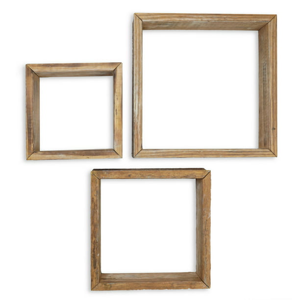 Set Of 3 Square Open Back Vintage, Mirror Shadow Box With Shelves