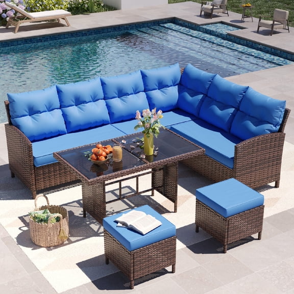 AMOPATIO 7-Piece Patio Furniture Set, Outdoor Sectional Sofa with Dining Table, All Weather Rattan Conversation Set with Ottoman, Navy