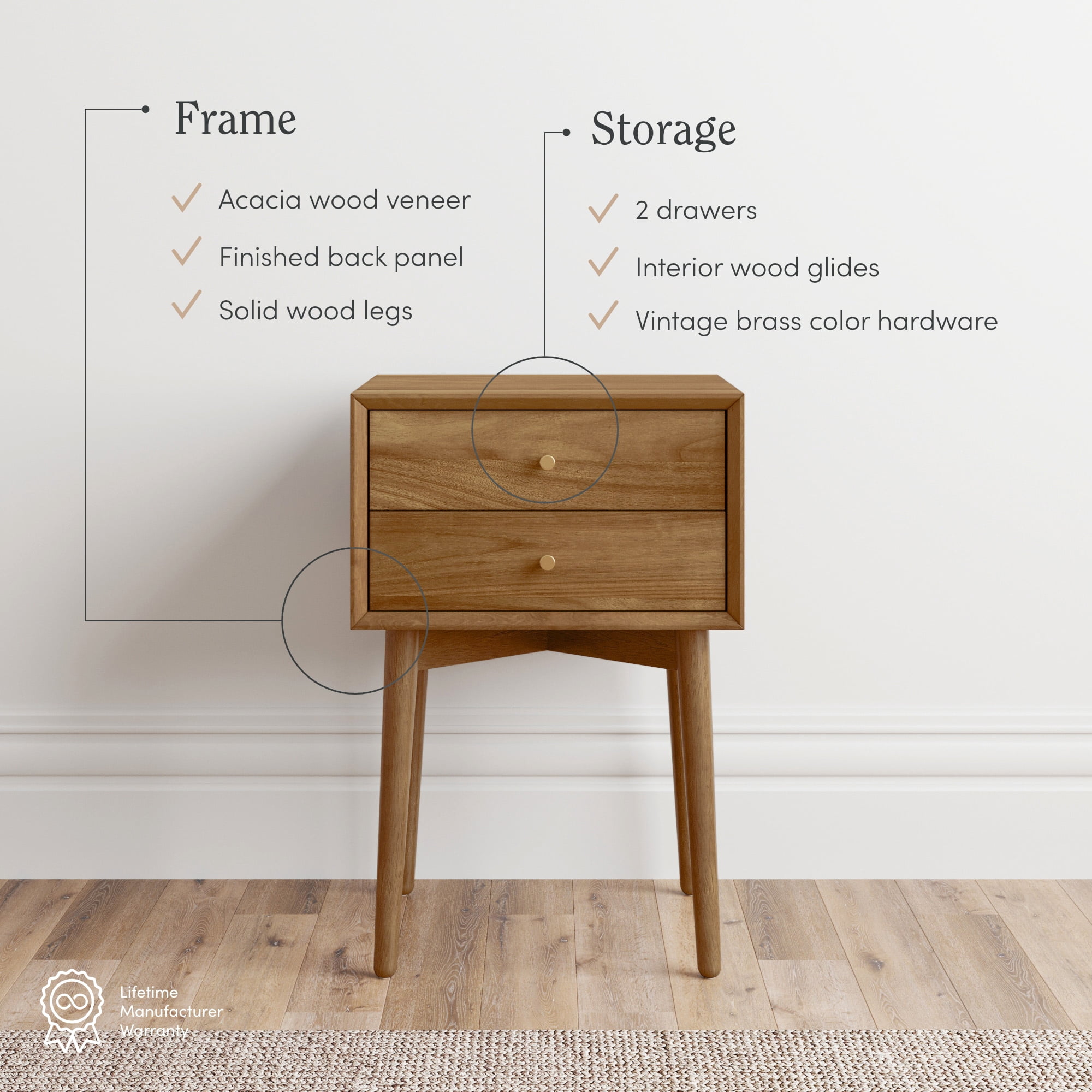 Nathan James Harper Mid-Century Oak Wood Nightstand with 2-Drawers, Small Side Table, End Table with Storage, Brown