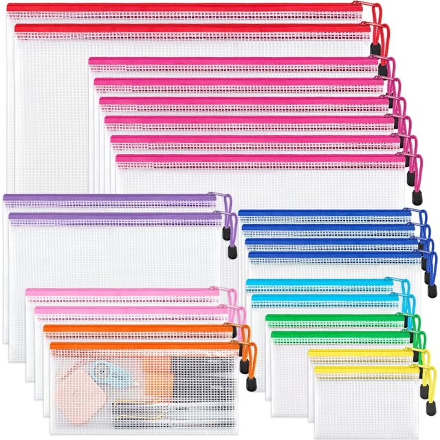 shiyou-24 Pack 8 Sizes Mesh Pouch, 9 Colors, Waterproof Zipper File Bags Document Multipurpose Travel Bags for Office, School, Board Game, Puzzles, Cosmetics, Travel Accessories, and Home Organize