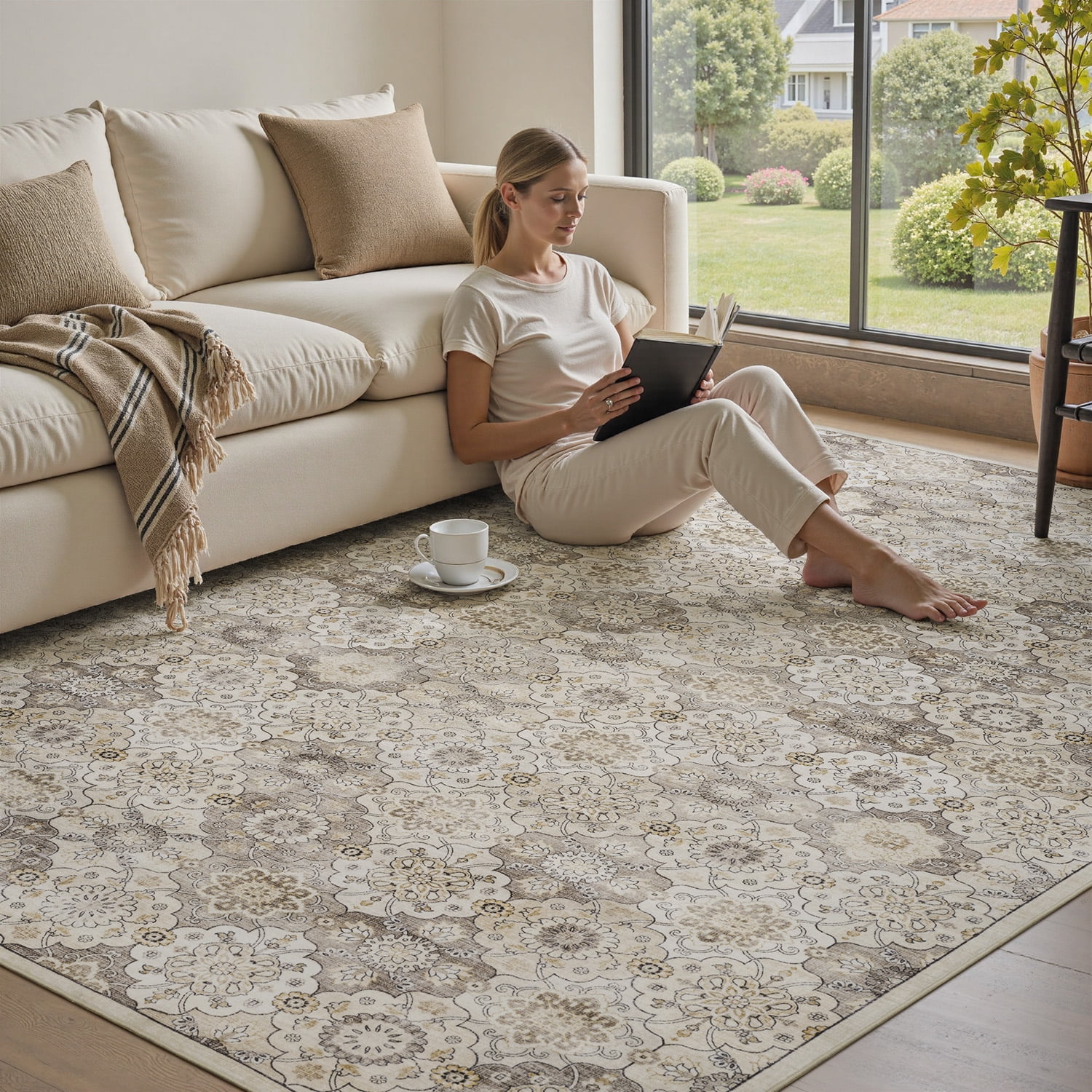 SIXHOME 9'x12' Area Rugs for Living Room Washable Vintage Floral Rugs Artistic Carpet Neutral Soft Rugs for Bedroom Dinning Room Office Home Decor Beige