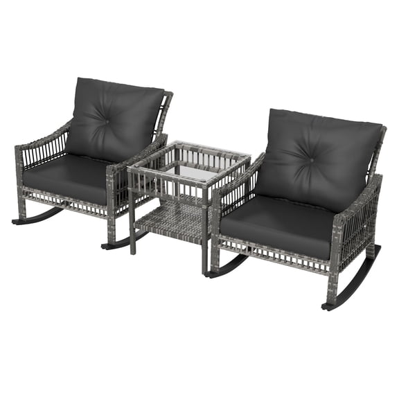 3 Piece Outdoor Rattan Rocker Chair Set, Patio Bistro Furniture with Tempered Glass Table, Gray Wicker Rocking Chairs for Garden, Backyard, Porch
