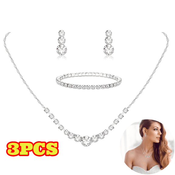 3pcs Crystal Wedding Jewelry Set, Silver Necklace Earrings Bracelet for Brides Bridesmaid Prom Costume Accessories