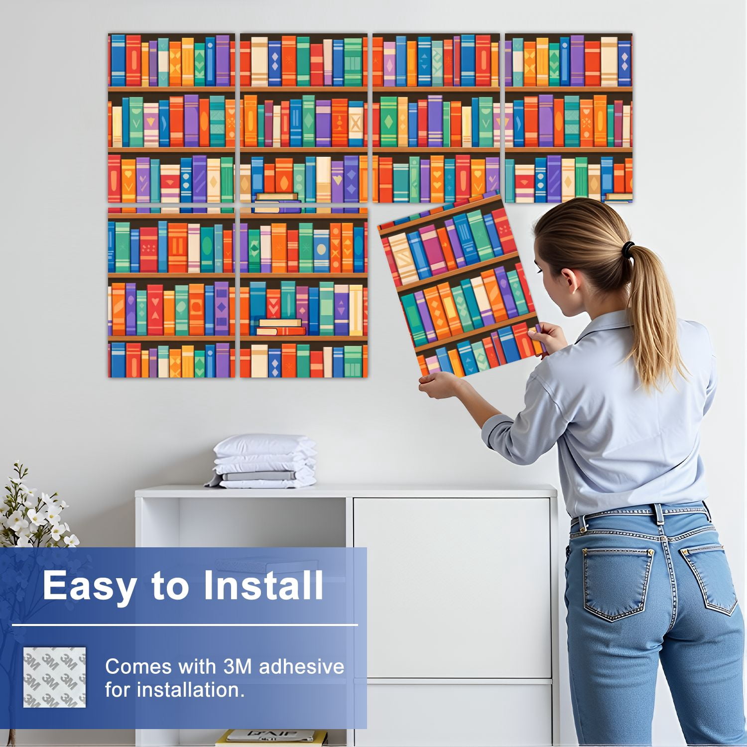 Classroom 8 Pack Art Acoustic Panels Sound Absorbing Colorful Bookshelf Vibrant Book Covers Row Decorative Soundproof Wall Panels Self Adhesive for Nursery Kids Game Room 48"x32"