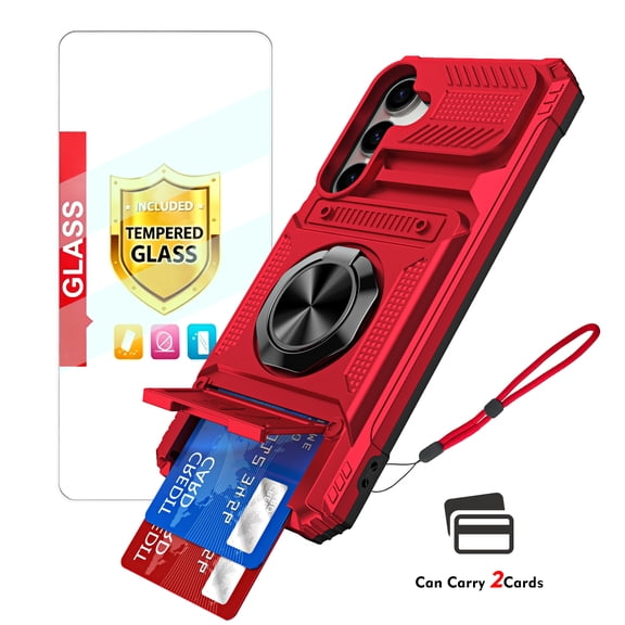 Kryonix for Samsung Galaxy A37 5G Case with Screen Protector and Strap,Finger Ring Holder Kickstand,Heavy Duty Shockproof Rugged Protective Case,Working with Magnetic Car Phone Mount,Red