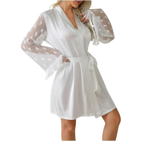 Women Sexy Feathers Collar Perspective Sheer Long Lingerie Robe Nightgown Bathrobe Pajamas Sleepwear