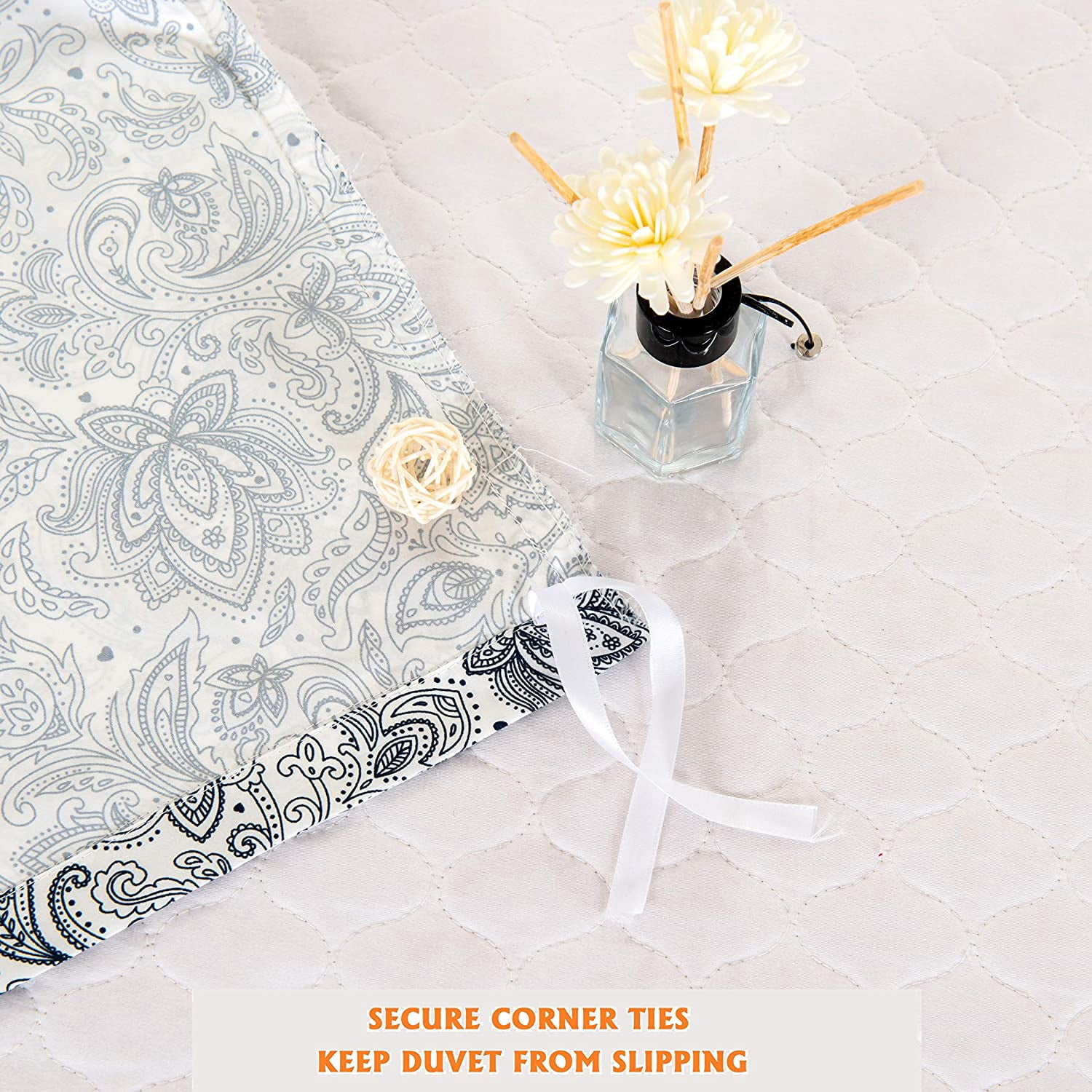 3-Piece Duvet Set, Paisley Design, Comforter Cover with Corner Ties & Button Closure, Full/Queen, Navy Blue