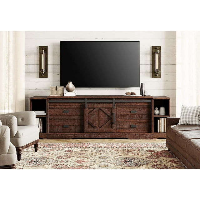 WAMPAT Modern Farmhouse TV Stand, Up to 85" TVs, Wood Media Console, Open Storage, Drawers, Adjustable Shelf, Living Room, 78.7", Brown
