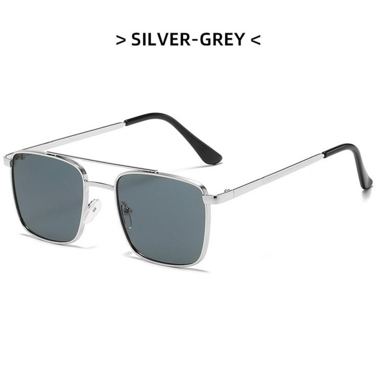 Oversized Polarized Sunglasses Double Bridge Square Metal UV400 Protection  for Driving Cycling Camping Fishing Silver Frame Full Gray Flakes 