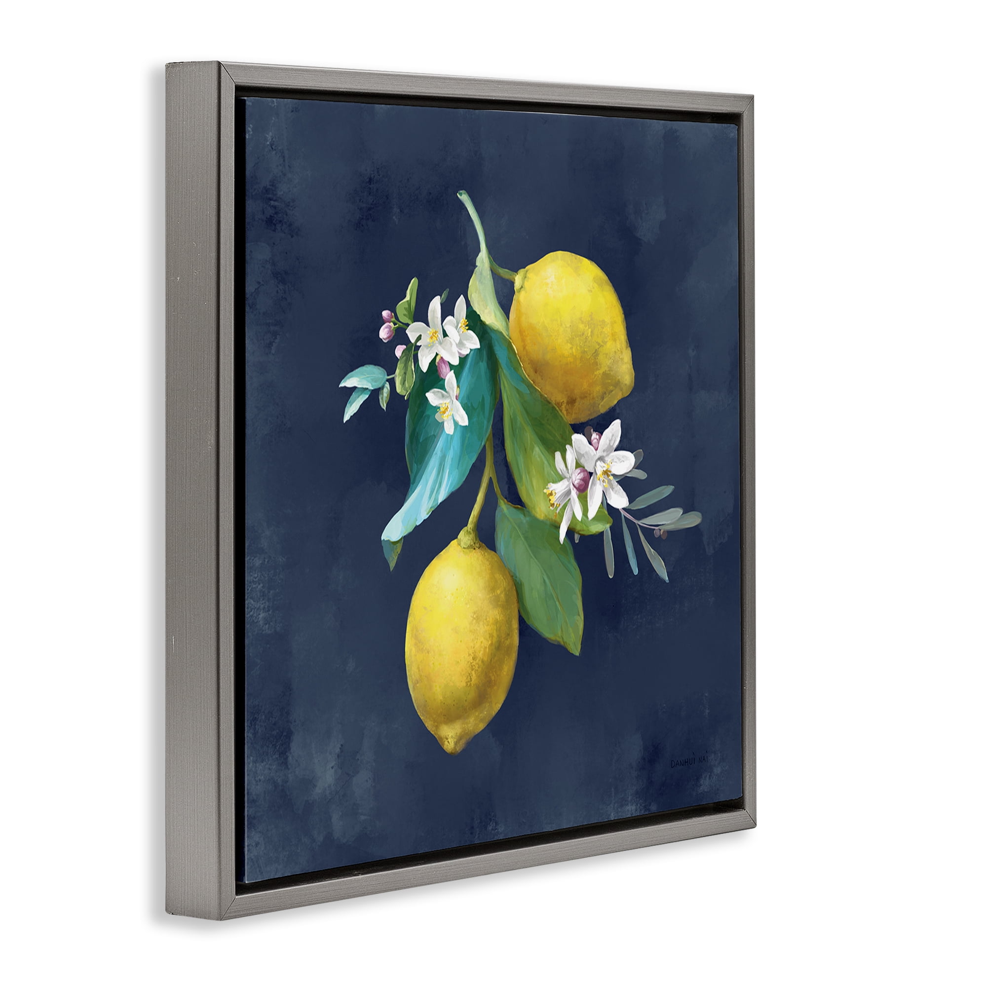 Stupell Industries Lemon Cluster on Blue Food & Beverage Painting Gray Floater Framed Canvas Art Print Wall Art, 25 x 25
