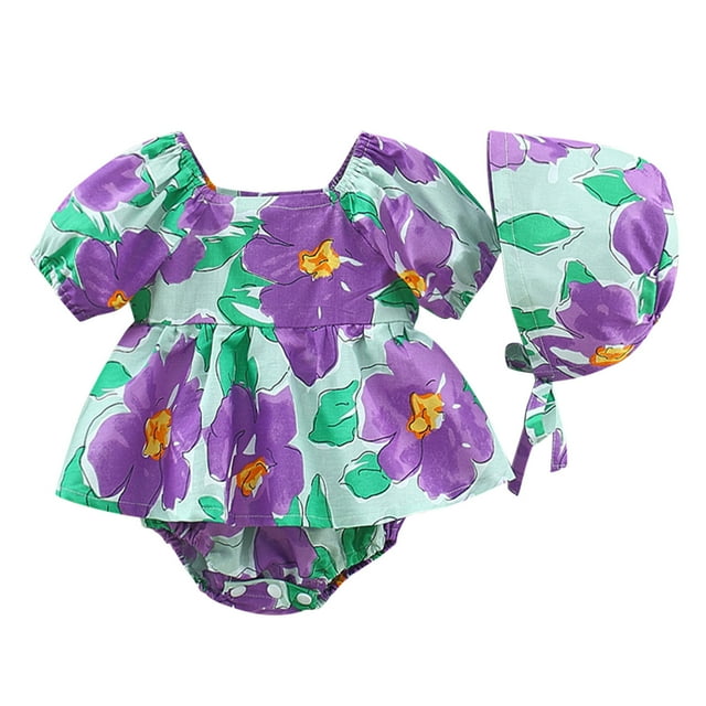 Gibobby Pañalero de algodón con volantes y espalda descubierta Floral para niñas pequeñas, mono, mono, monos de fiesta de cumpleaños, ropa con sombrero para(Morado, 12 Meses)