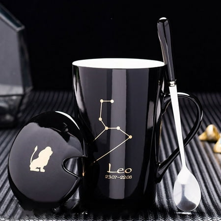 

Contellation Ceramic Mug with Lid Spoon Coffee Cup 12 Astrological Signs Black Unique Gift Black - Leo