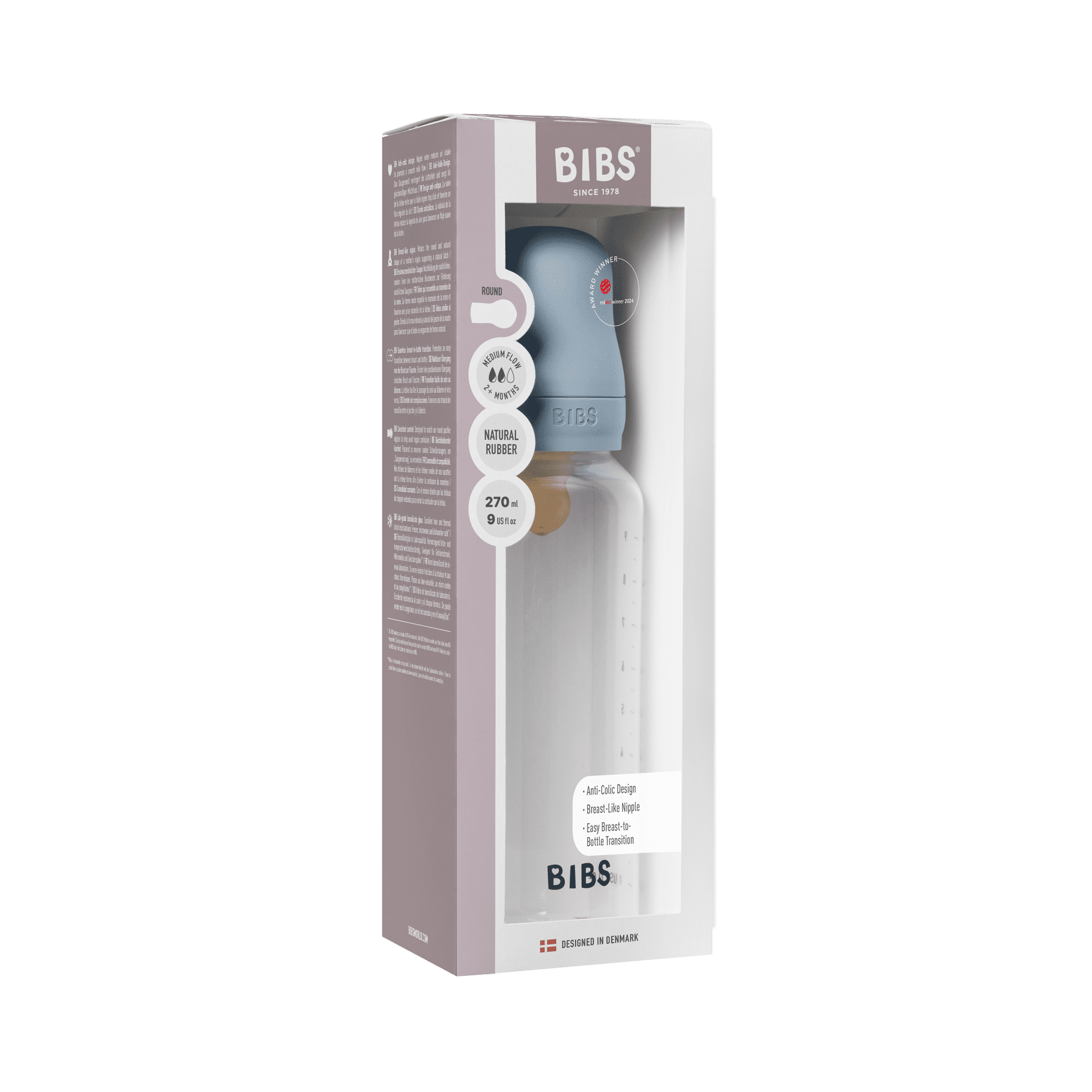 BIBS Baby Bottle with Medium Flow Natural Rubber Latex Nipple, Baby Blue, 9 oz, 1 Each