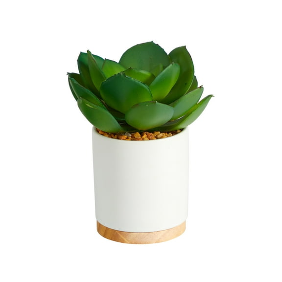 Nearly Natural 6" Succulent Artificial Plant in White Ceramic Planter, Green