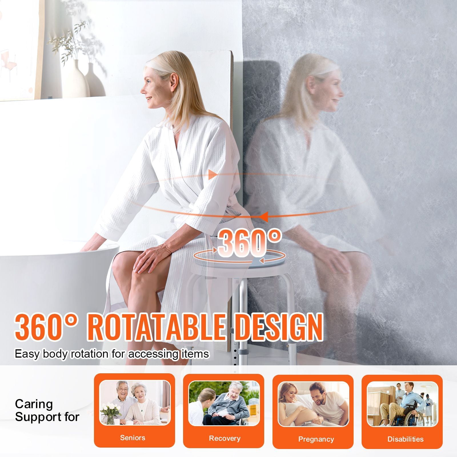 Rotatable Shower Stool 360° 300 lbs Capacity 6 Height Settings Non-Slip PP/Aluminum for Bathroom Bathtub