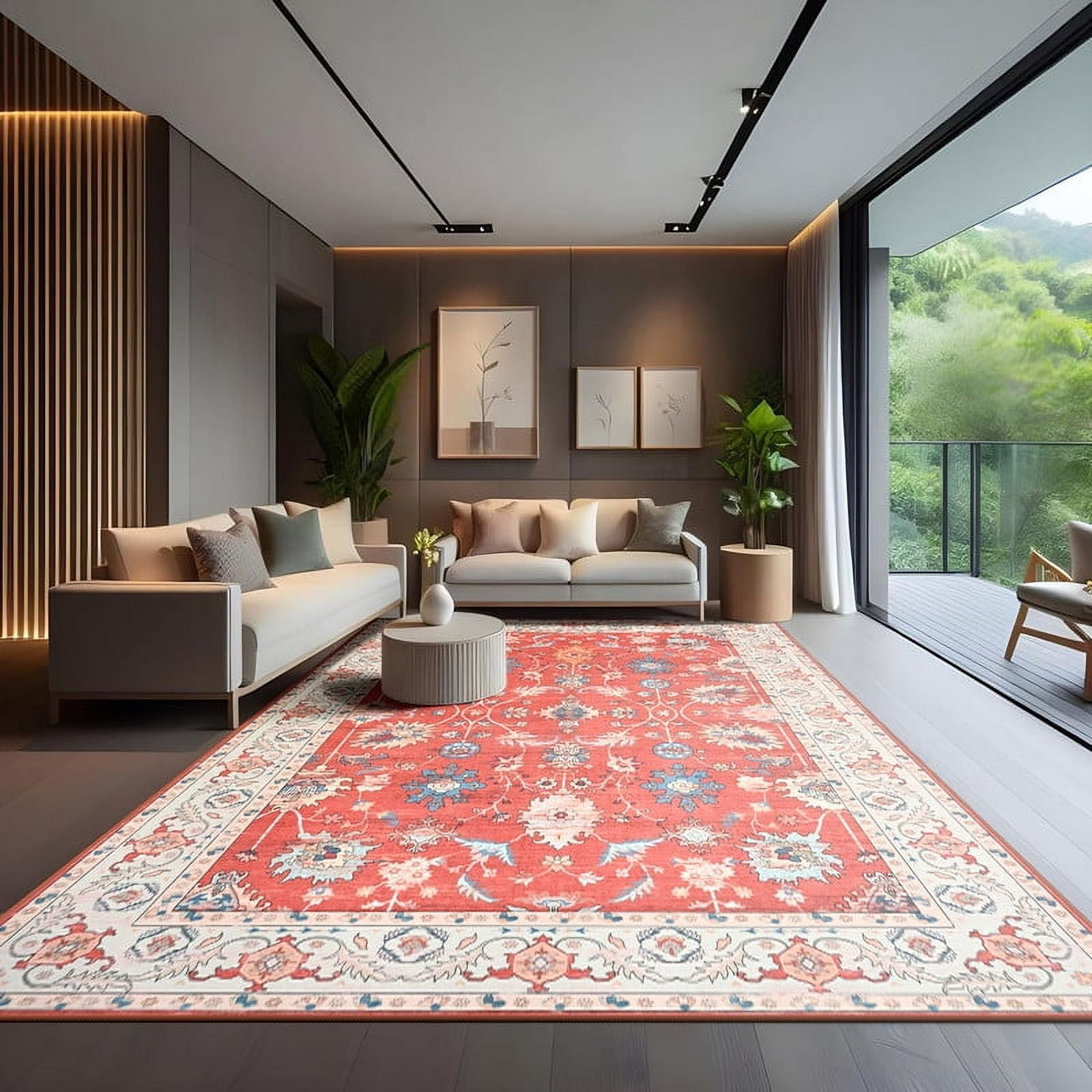 Jamfeel Rugs for Living Room Classic Boho Floral Print Floor Carpets Soft Low Pile Non-slip Washable Area Rug 5'x8' Red