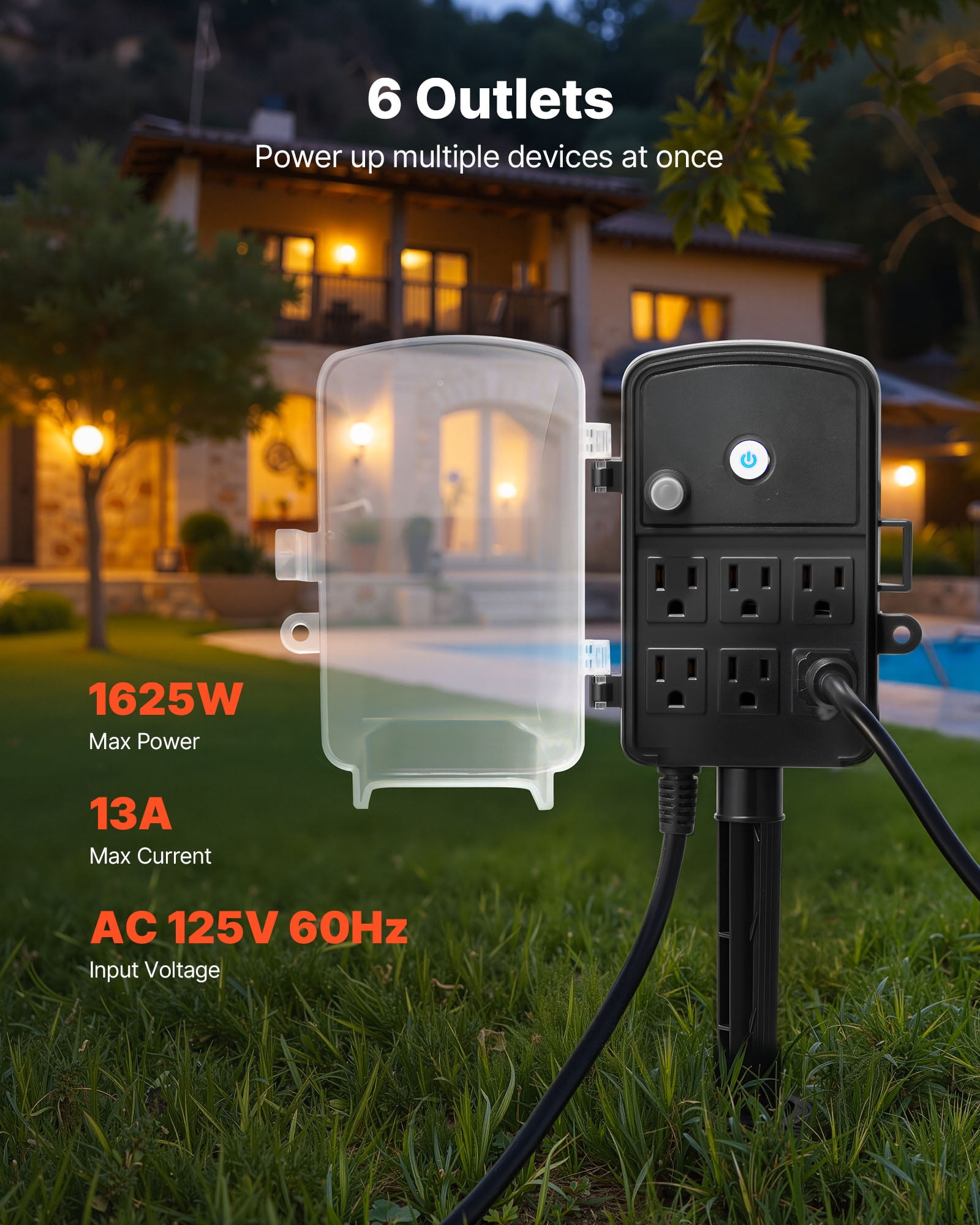 VEVOR Outdoor Power Stake, 100 FT Extension Cord, Outdoor Power Strip Weatherproof with Cover and Overload Protection, 6 Outlets, 13A/1625W, Waterproof Multi-Outlet Yard Stake for Christmas Lights