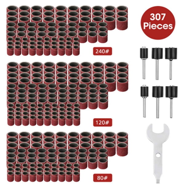 Juego de lijadora de tambor de 307 piezas Kit de tambor de lijado - 300 piezas de fundas de banda de lijado (80#/120#/240#) + 6 piezas de mandriles de tambor para herramienta rotativa + 1 llave
