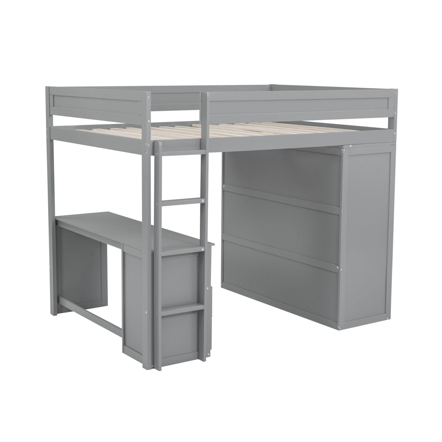 Asteroutdoor Wood Full Size Loft Bed with Wardrobes, 2-Drawer Desk, and Cabinet, Gray, 78.4 in L x 56 in W x 65 in H
