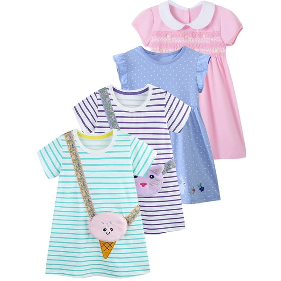 WIBACKER 2-7T Toddler Girls Short Sleeve Dress Striped Cotton Casual Summer Dresses with Bag Shaped Pocket 1PCS